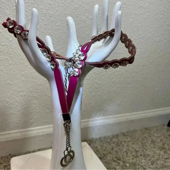 Teen Girl Rhinestone Belt Fuchsia Leather Chainlink Extension Silver Tone Belt - Picture 3 of 12